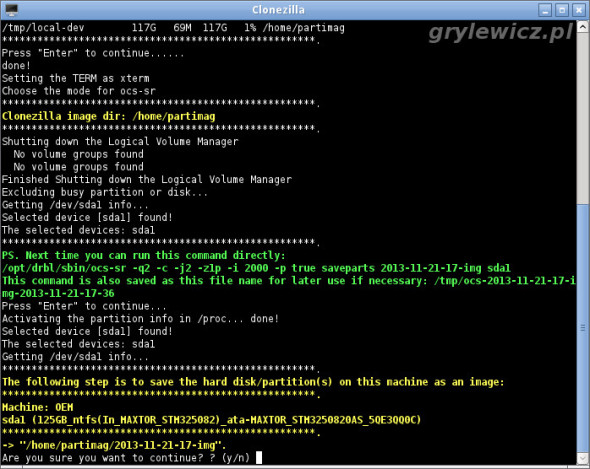 Clonezilla - zatwierdzenie wykonania obrazu