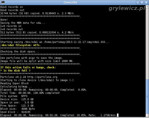 Proces wykonywania image Clonezilla