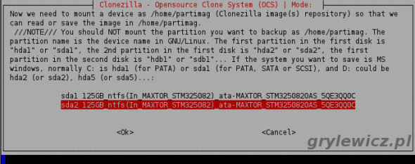 Clonzilla - dysk docelowy