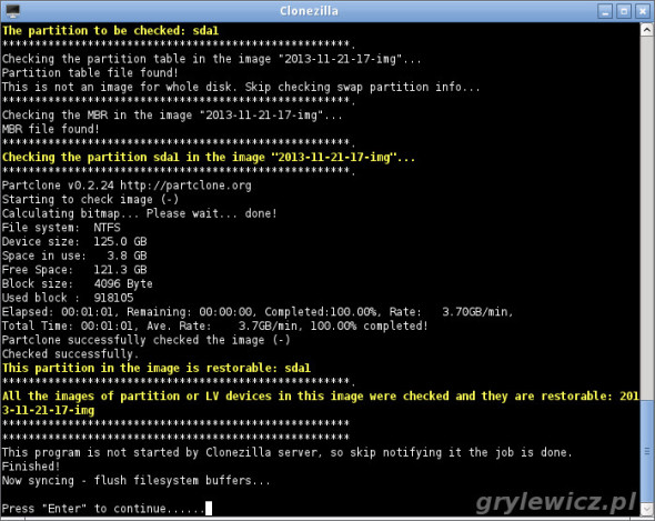 Podsumowanie wykonanego image w Clonezilla