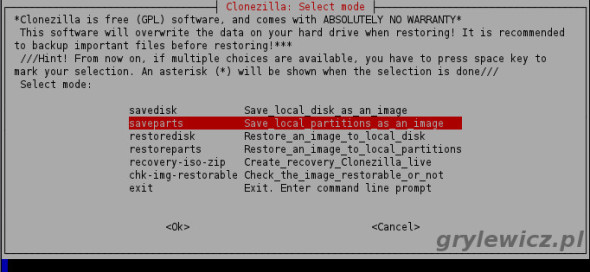 Tryb saveparts w Clonezilla
